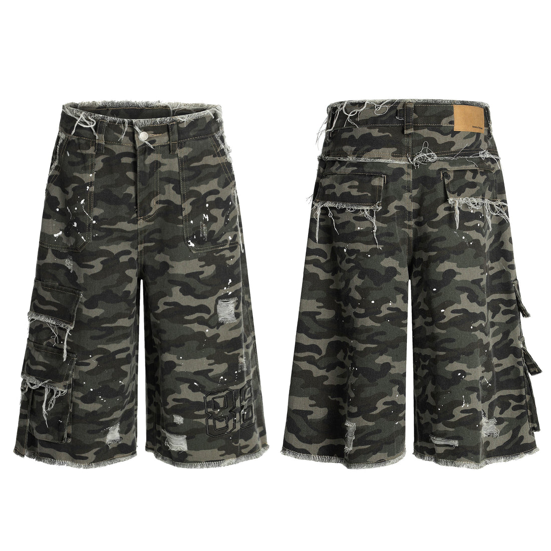 3-6-5.shop Camo Distressed Utility Denim Shorts