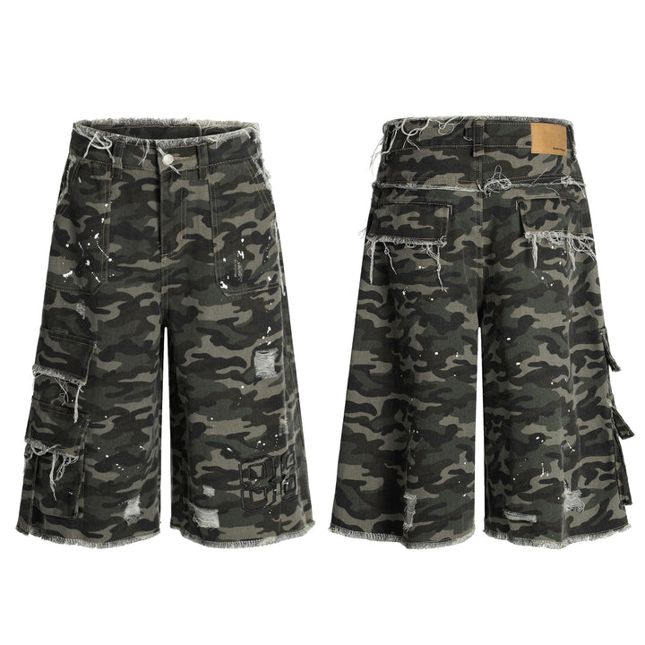 3-6-5.shop Camo Distressed Utility Denim Shorts