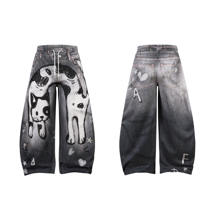 3-6-5.shop Cat Print Barrel Denim Pants