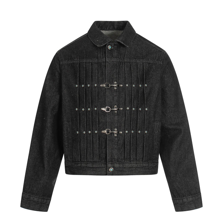 3-6-5.shop Metal Buckle Pleated Denim Jacket