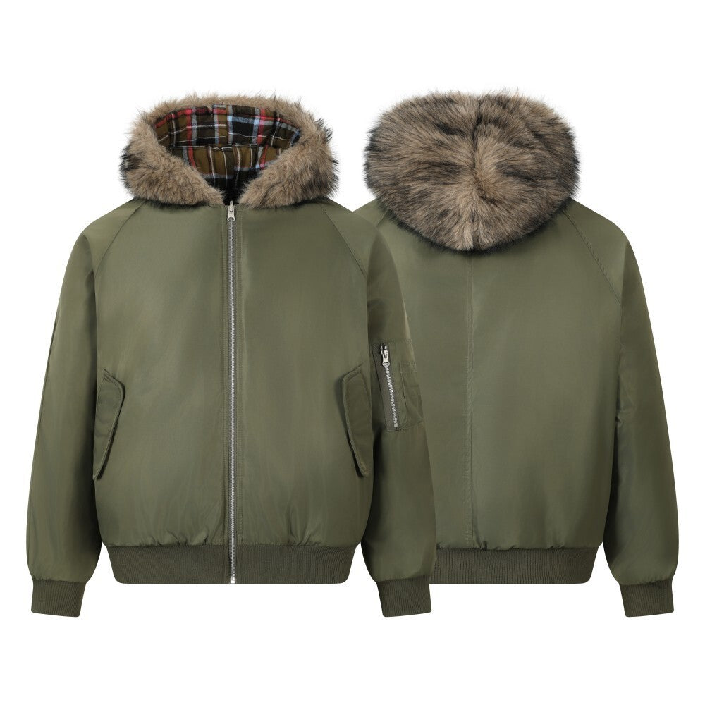 3-6-5.shop Reversible Plaid Fur Hooded Jacket