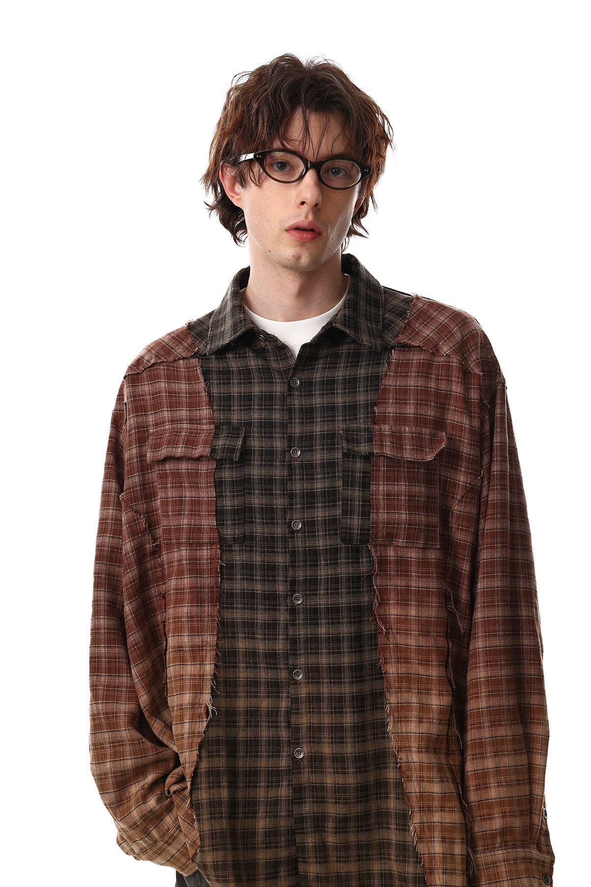 3-6-5.shop Patchwork Distressed Plaid Button-Up Shirt