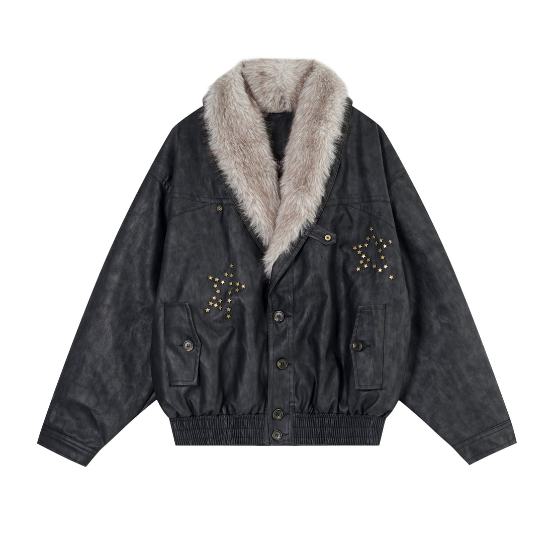 3-6-5.shop Fur-Collar Studded PU Jacket