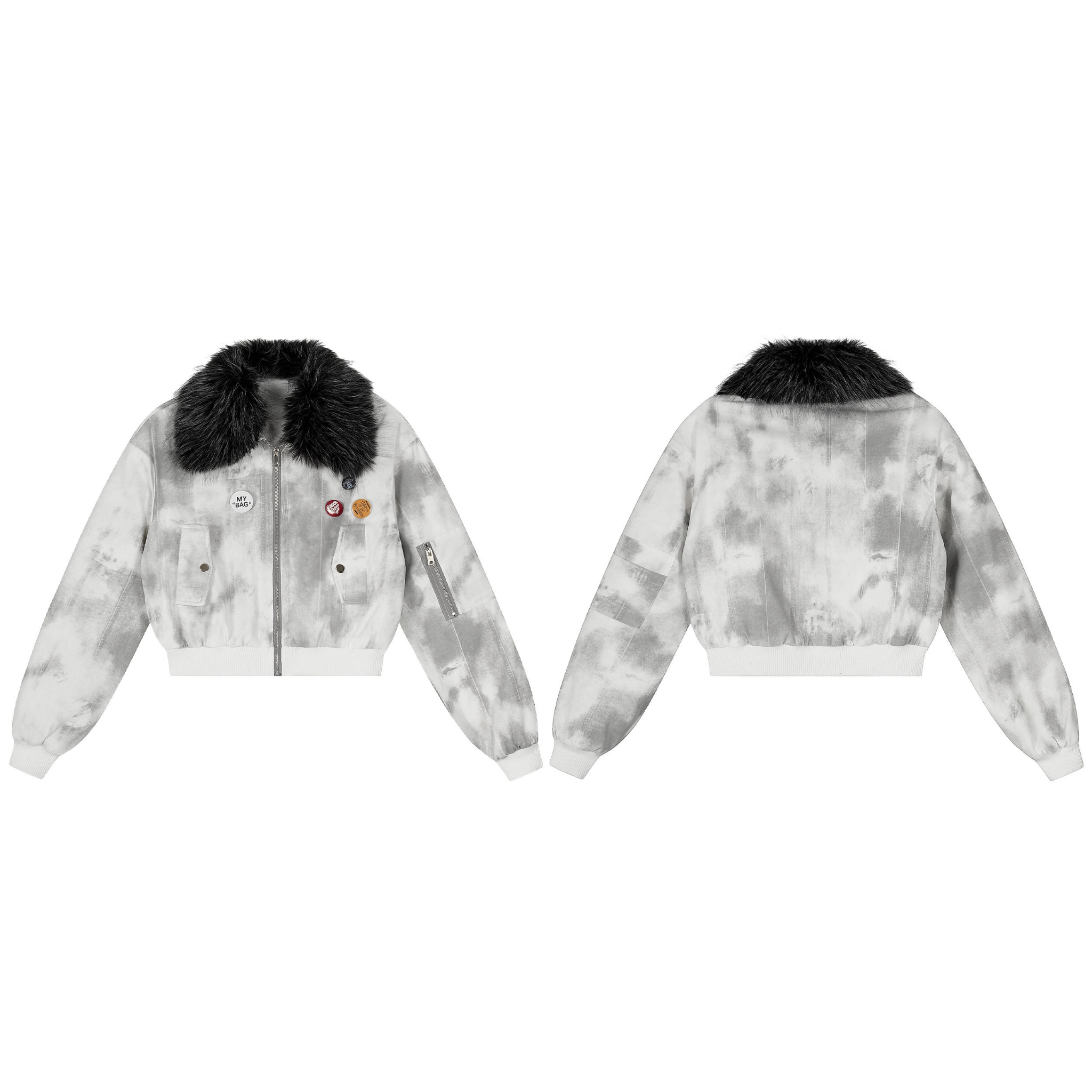 3-6-5.shop Tie-Dye Faux Fur Collar Bomber Jacket