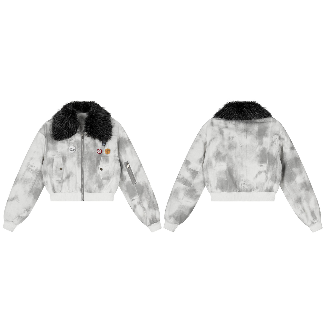 3-6-5.shop Tie-Dye Faux Fur Collar Bomber Jacket