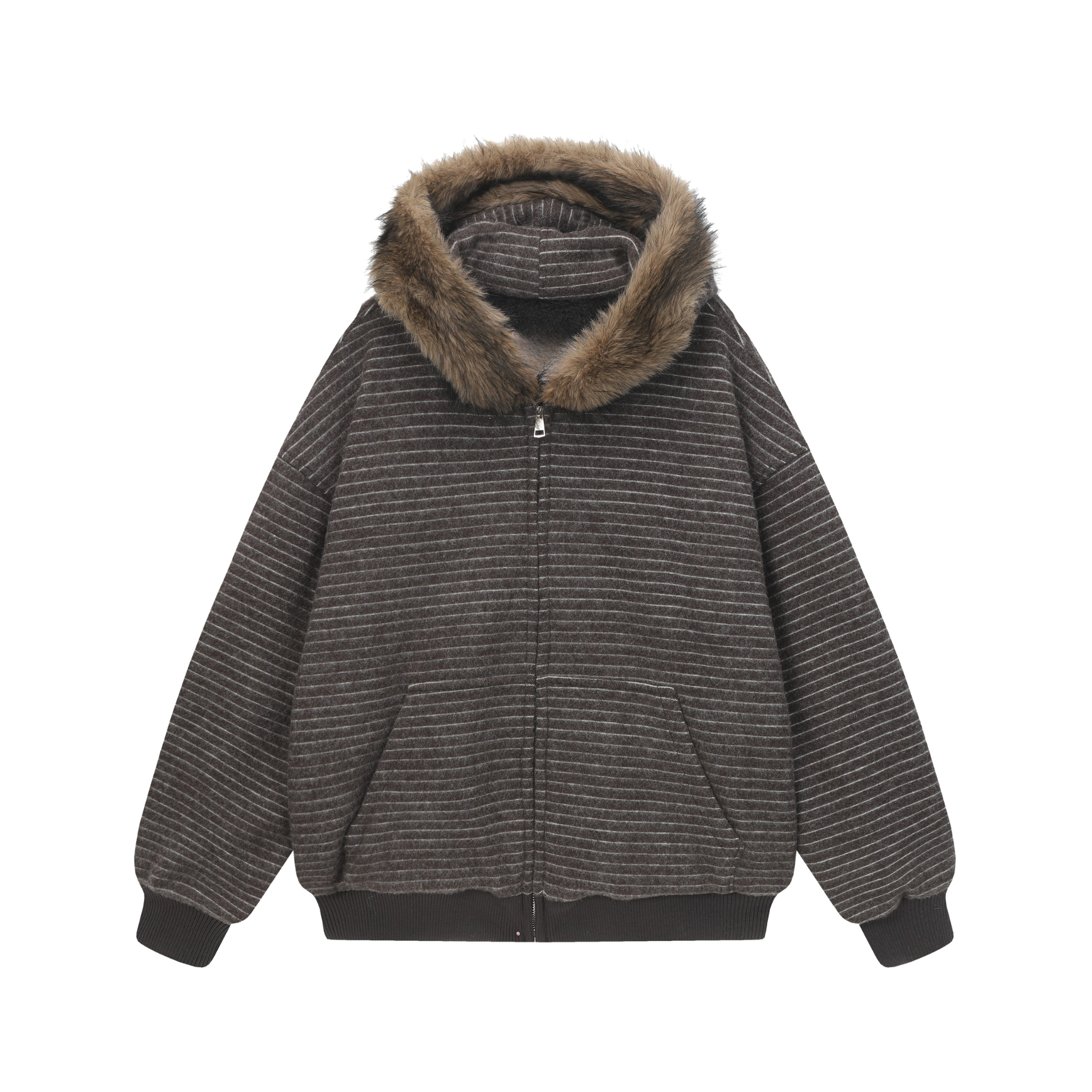 3-6-5.shop Striped Faux Fur-Lined Hooded Jacket