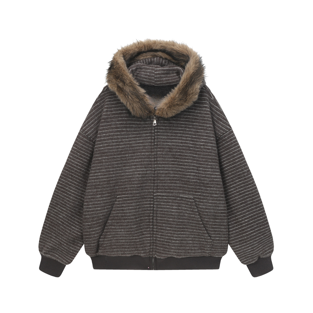 3-6-5.shop Striped Faux Fur-Lined Hooded Jacket