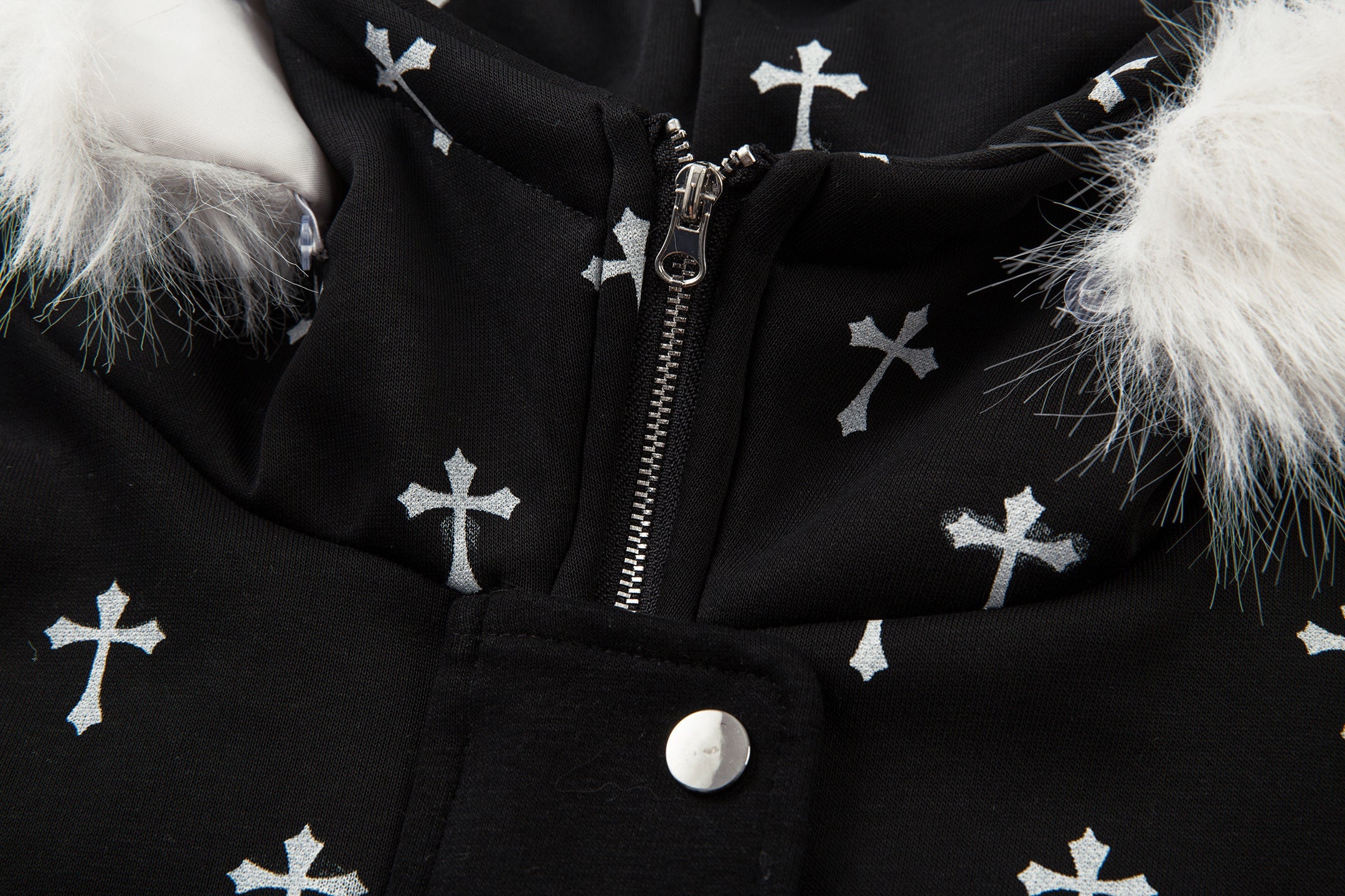 3-6-5.shop Cross Print Faux Fur Hooded Jacket