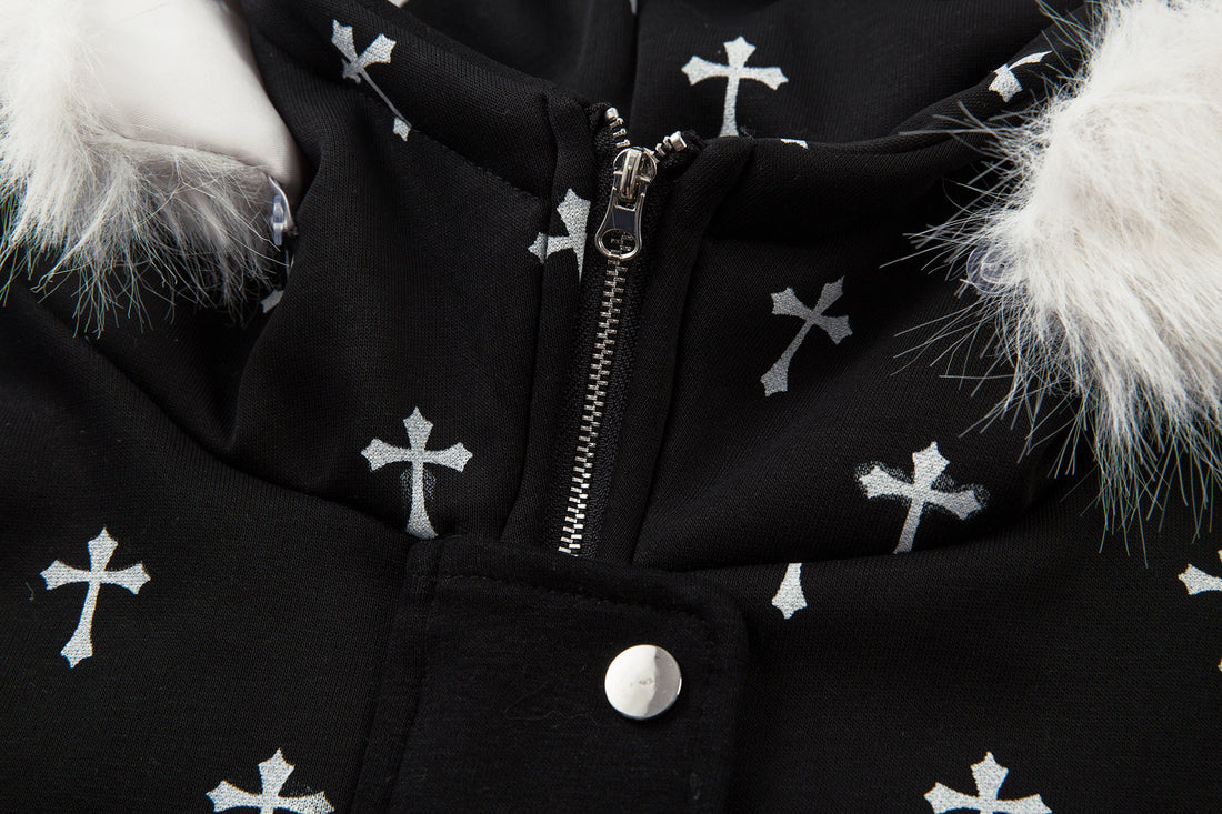 3-6-5.shop Cross Print Faux Fur Hooded Jacket