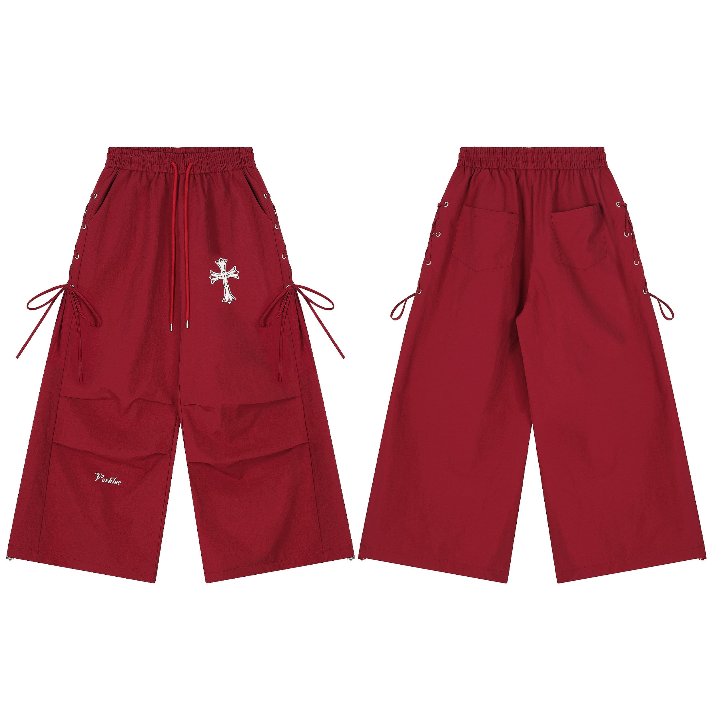 3-6-5.shop Cross Embroidered Lace-Up Wide-Leg Pants