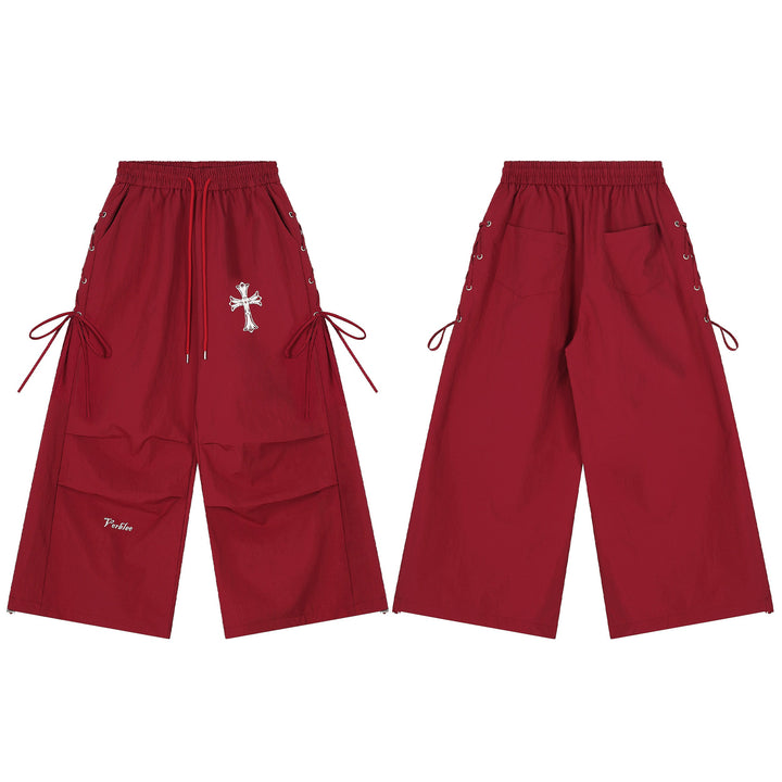 3-6-5.shop Cross Embroidered Lace-Up Wide-Leg Pants