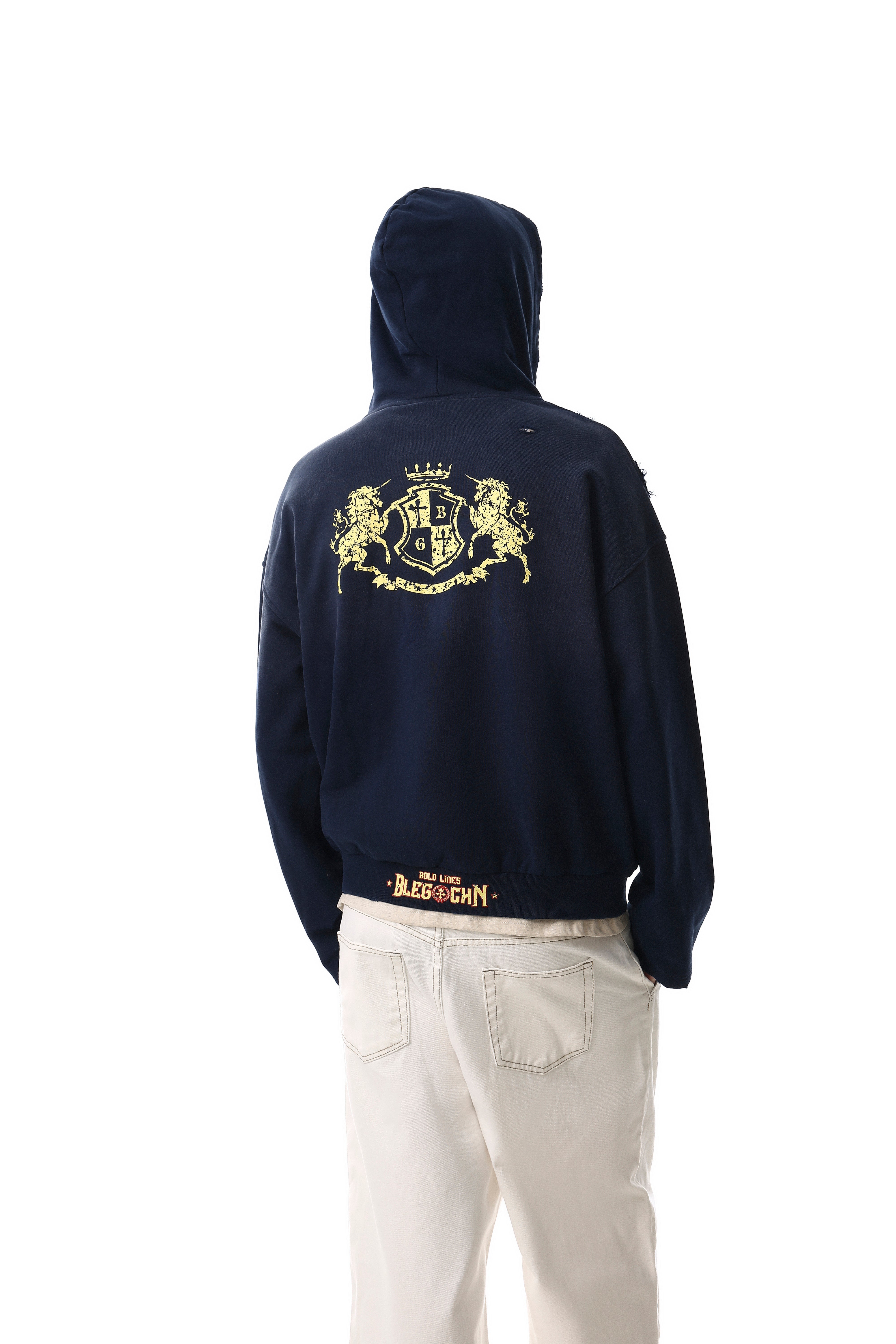 3-6-5.shop Distressed Crest Zip-Up Hoodie