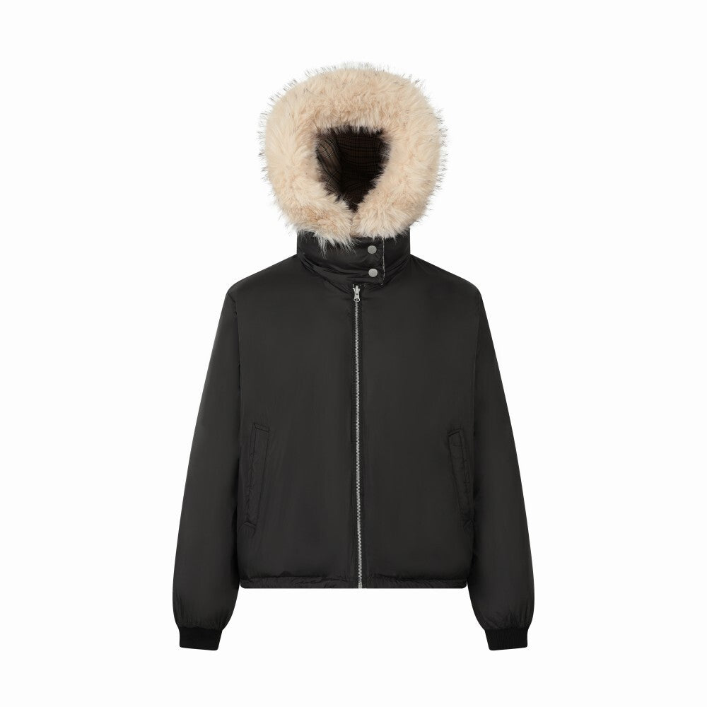 3-6-5.shop Reversible Plaid Fur Hooded Jacket