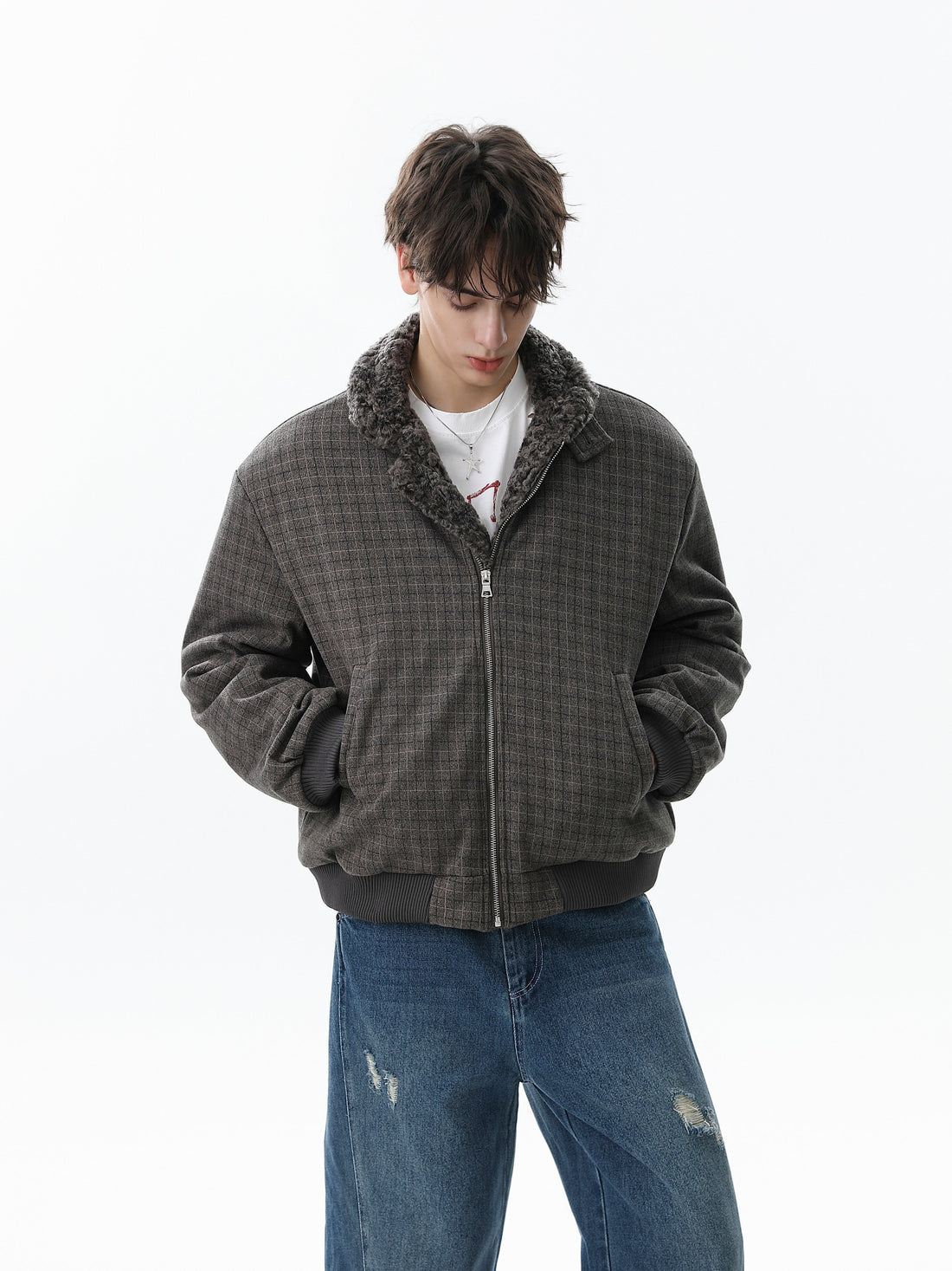 3-6-5.shop Check Pattern Faux Fur Collar Jacket