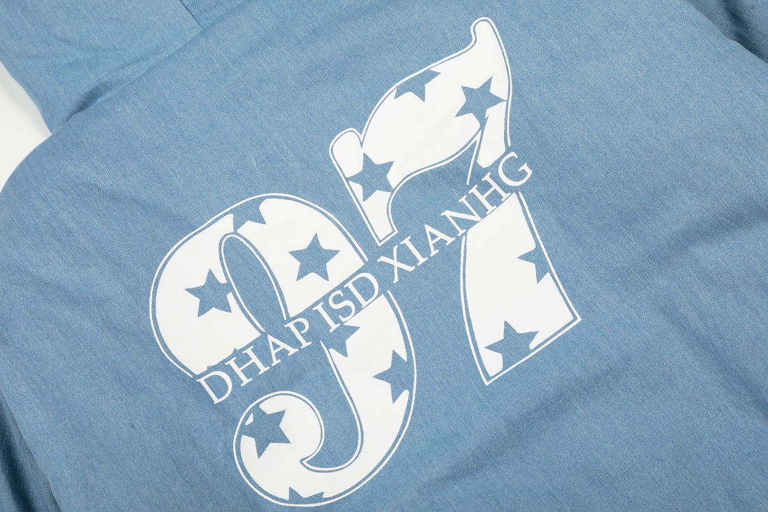 3-6-5.shop “97 Denim Varsity Hooded Jacket”
