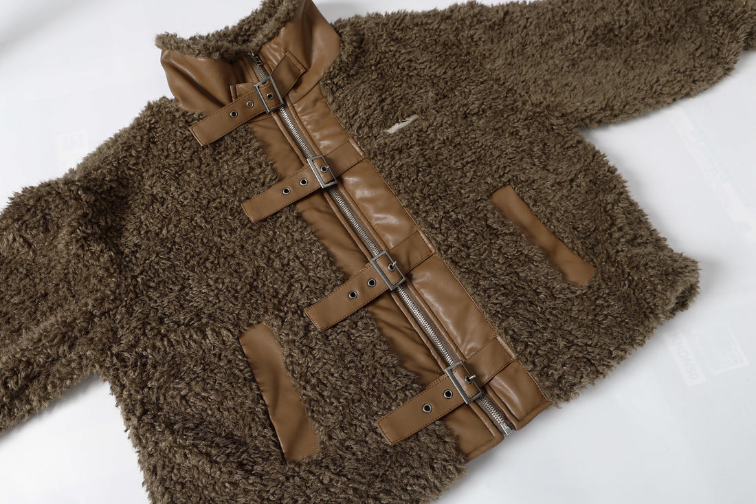 3-6-5.shop Faux Leather Patchwork Sherpa Jacket  Omirad
