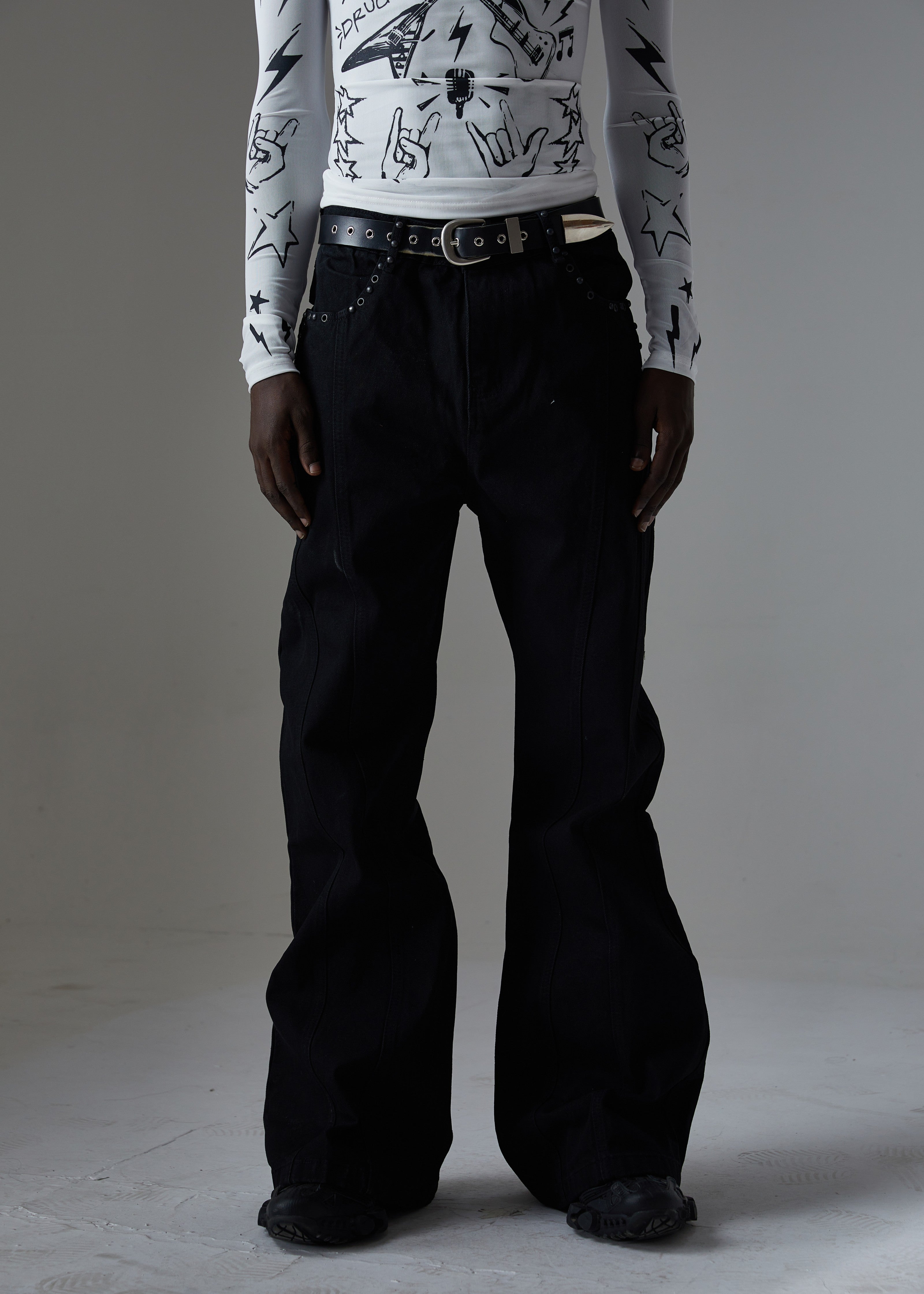 3-6-5.shop Studded Panel Wide-Leg Jeans