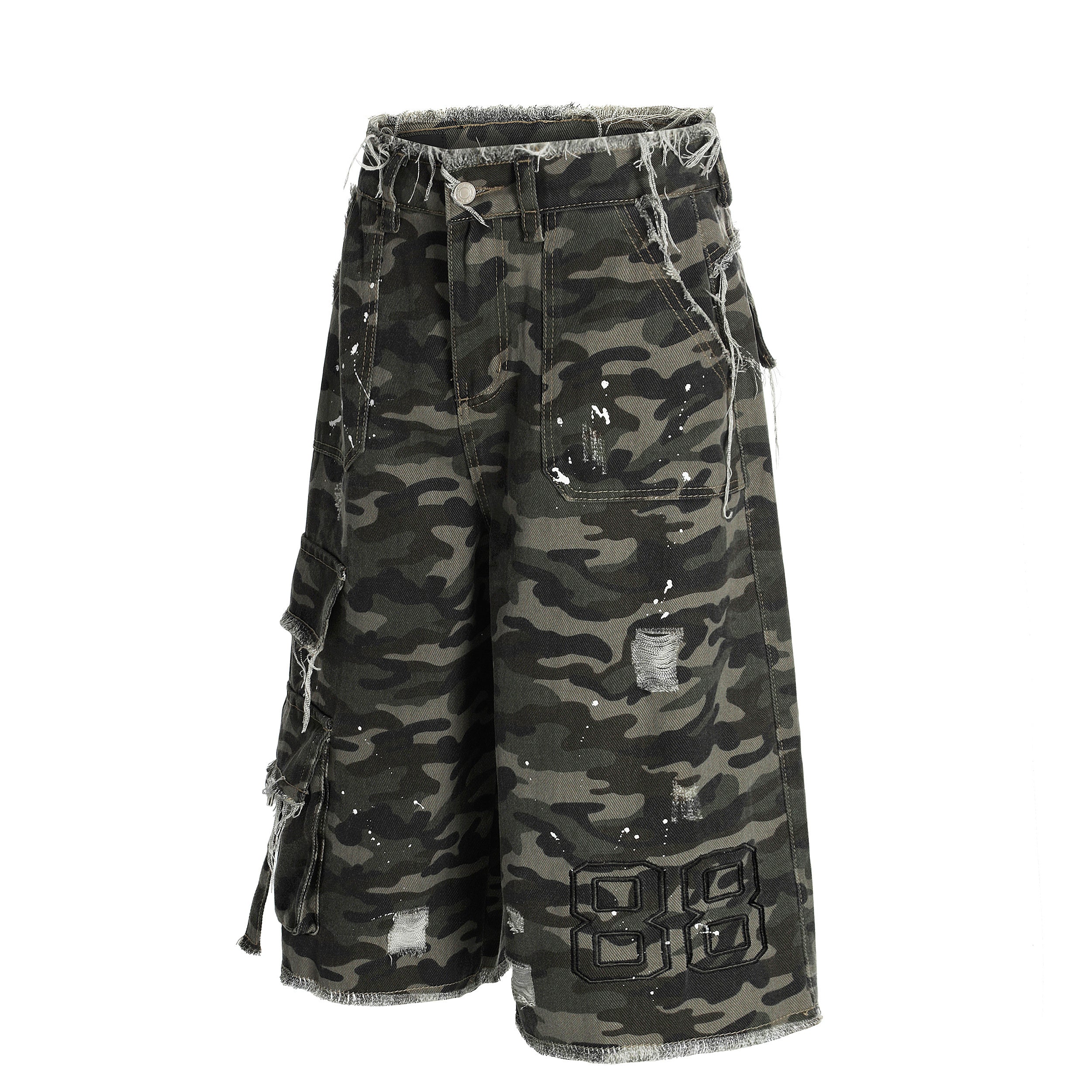 3-6-5.shop Camo Distressed Utility Denim Shorts
