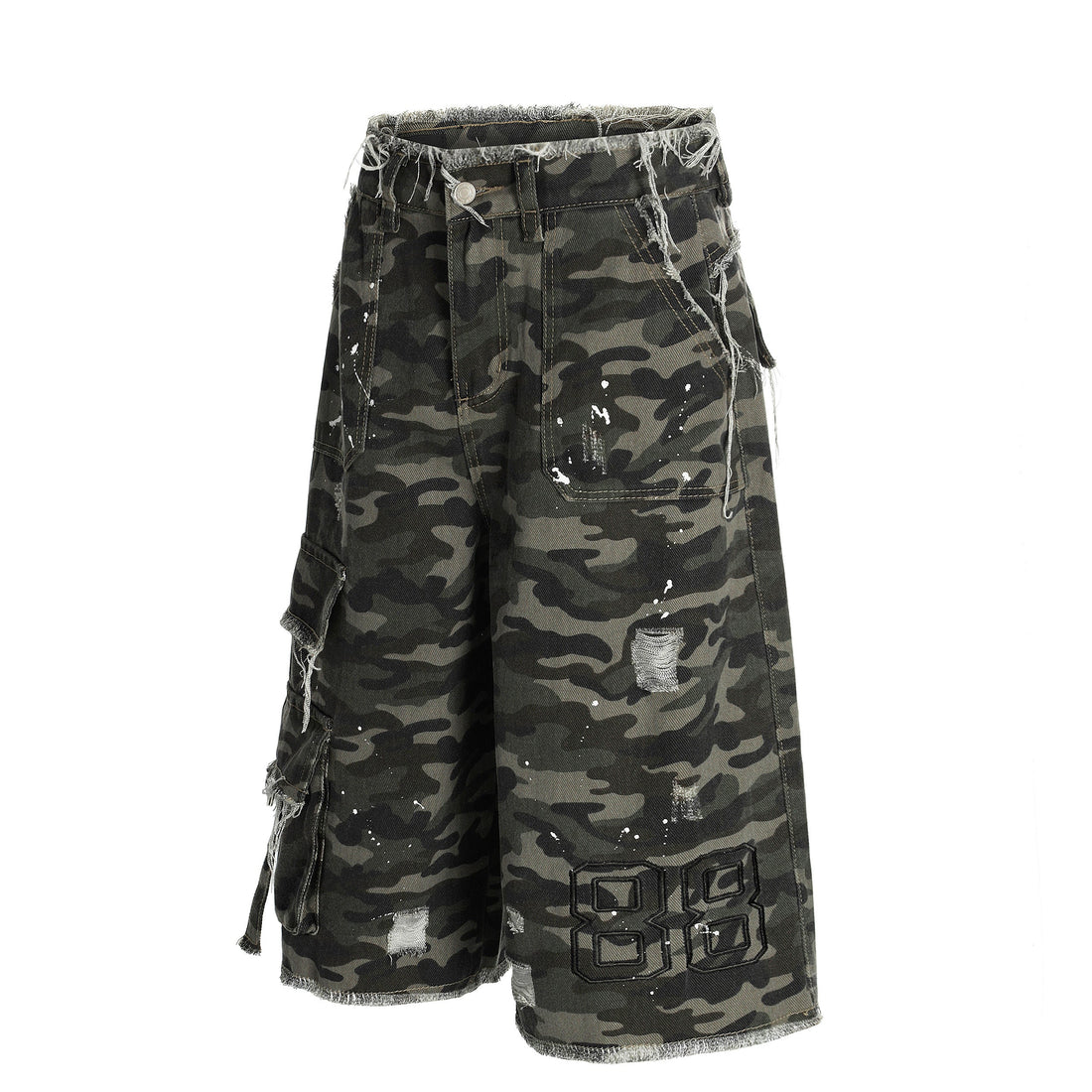 3-6-5.shop Camo Distressed Utility Denim Shorts