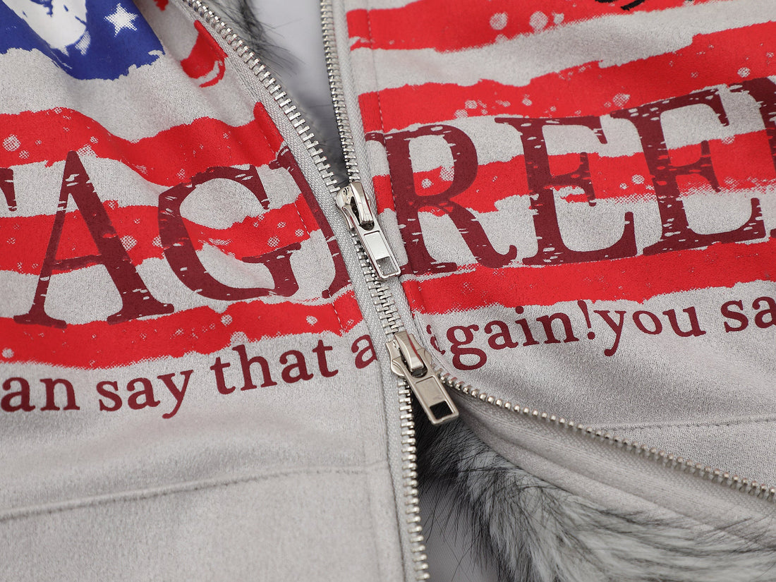 3-6-5.shop Flag Graphic Fur Hoodie Jacket