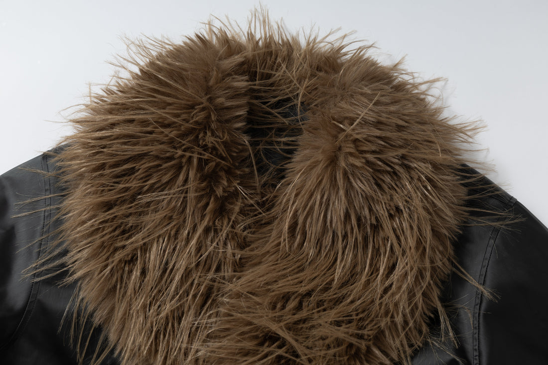 3-6-5.shop Faux-Leather Fur Trim Jacket