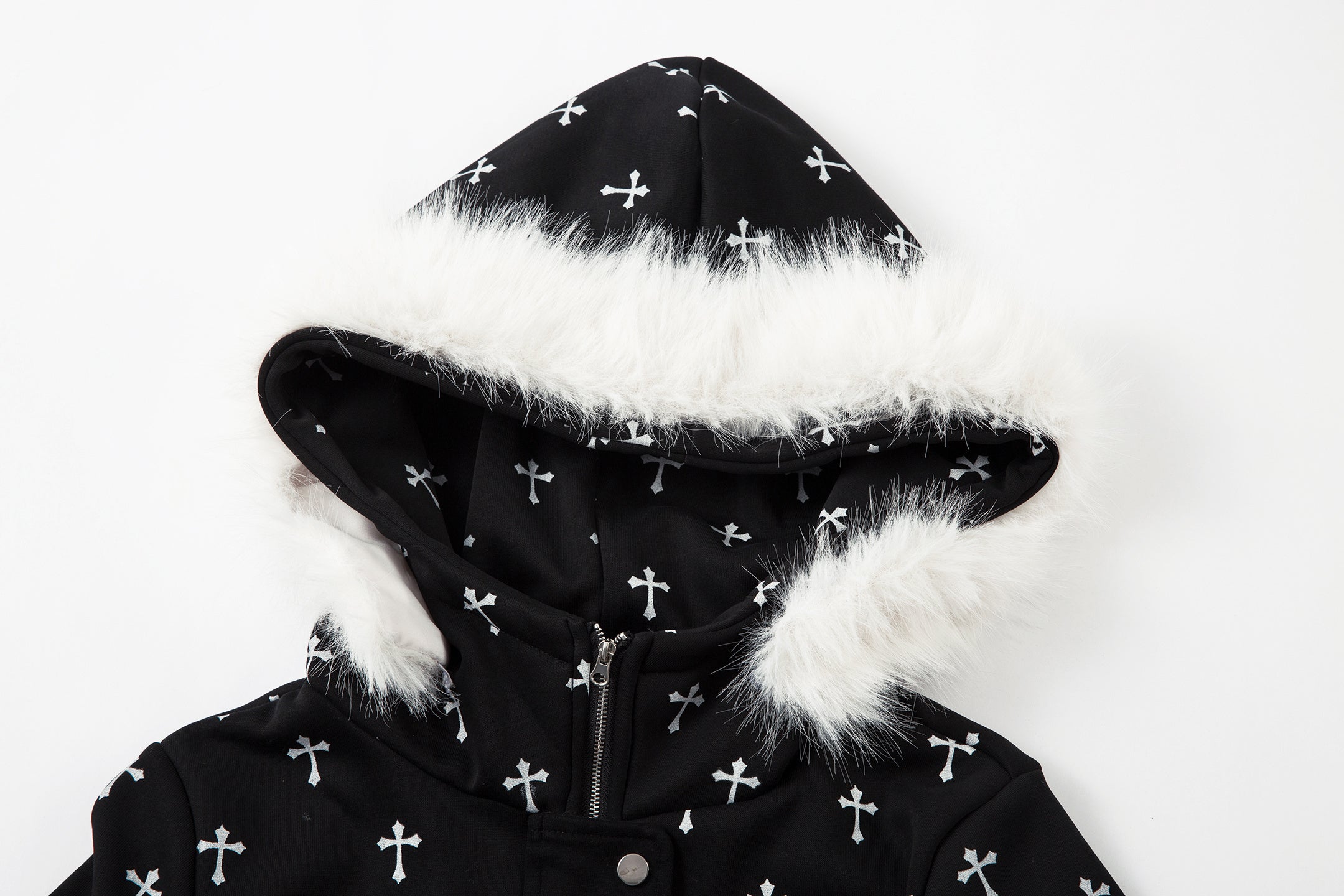 3-6-5.shop Cross Print Faux Fur Hooded Jacket