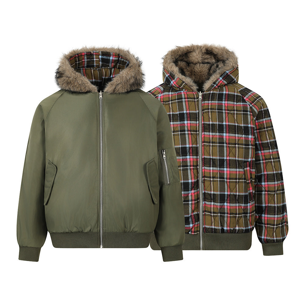 3-6-5.shop Reversible Plaid Fur Hooded Jacket