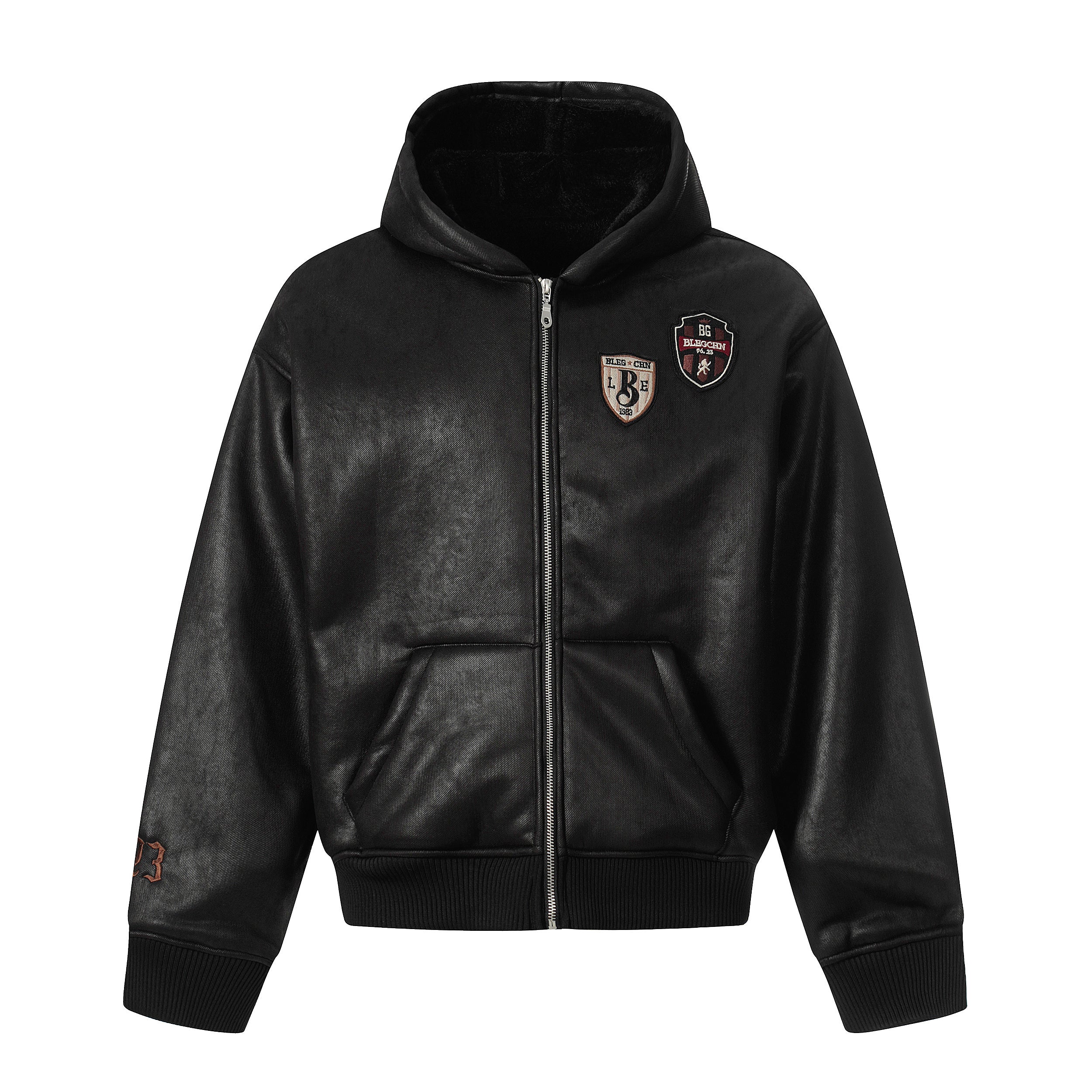 3-6-5.shop Badge PU Leather Hooded Jacket