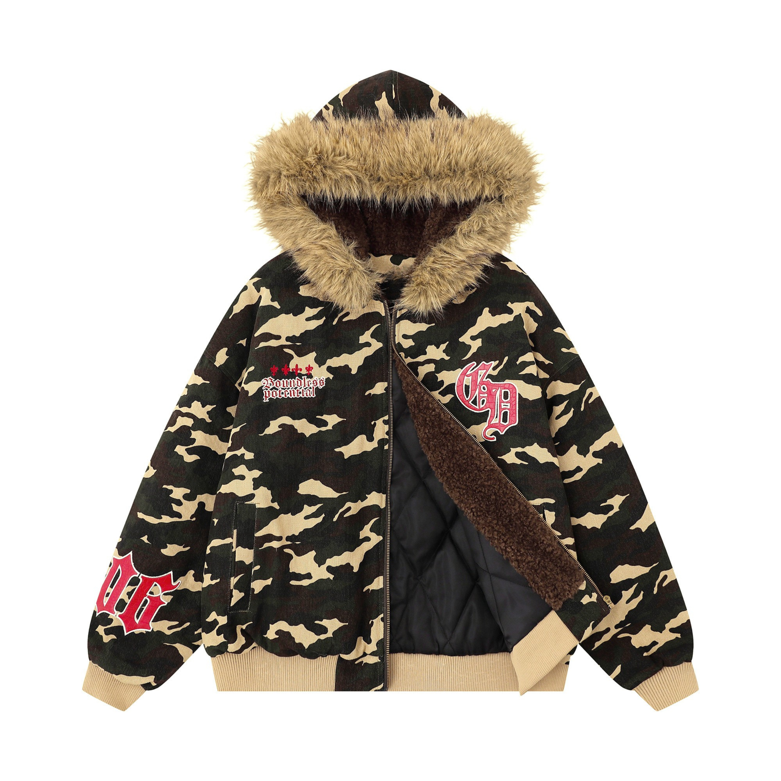 3-6-5.shop Camo Patch Fur Hoodie Jacket