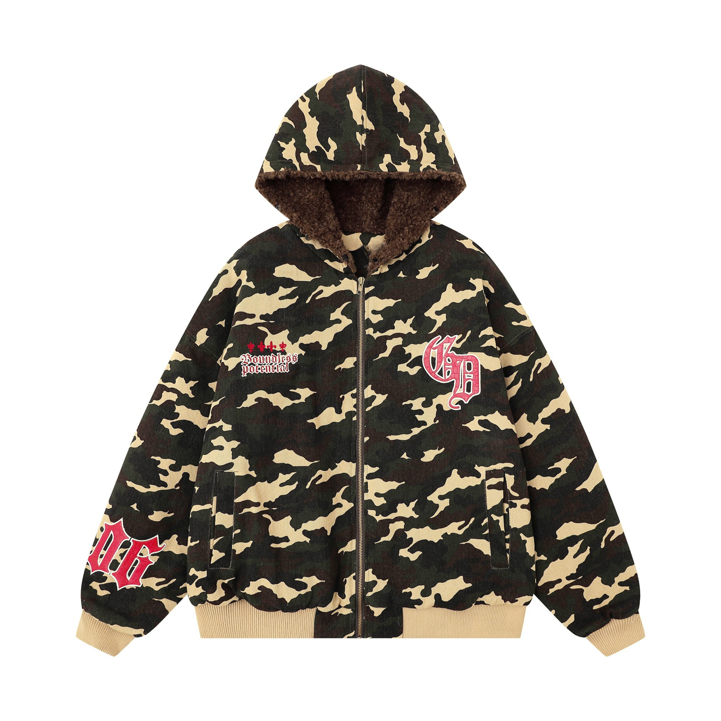 3-6-5.shop Camo Patch Fur Hoodie Jacket