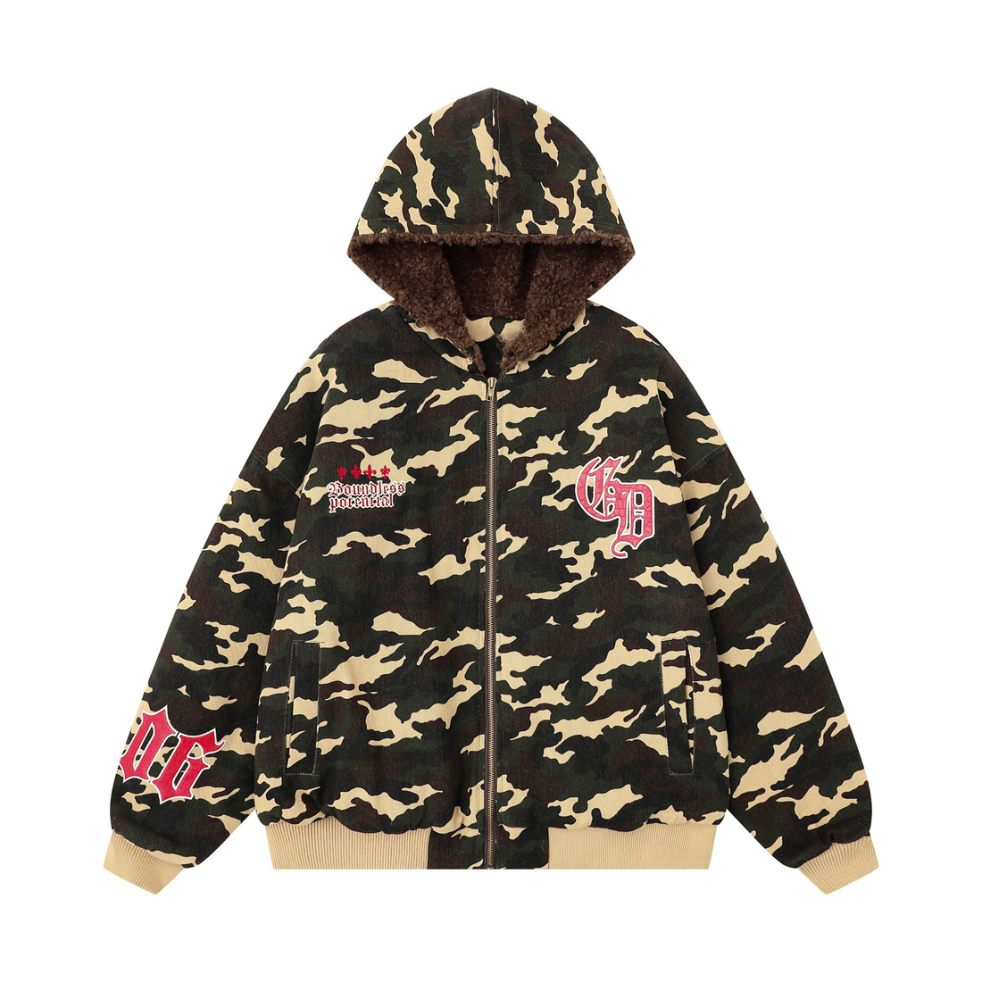 3-6-5.shop Camo Patch Fur Hoodie Jacket