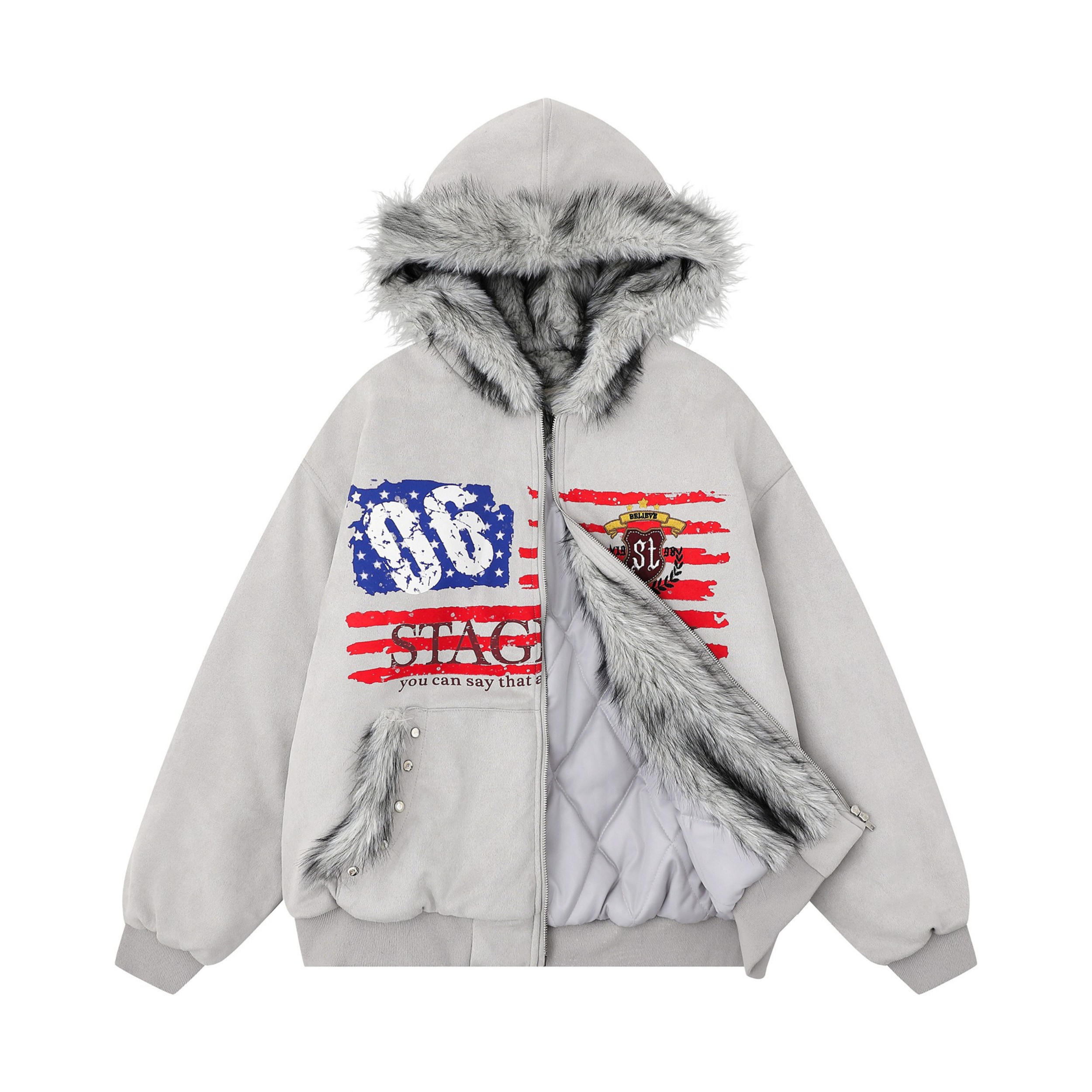 3-6-5.shop Flag Graphic Fur Hoodie Jacket