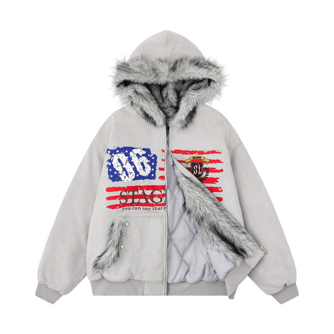 3-6-5.shop Flag Graphic Fur Hoodie Jacket