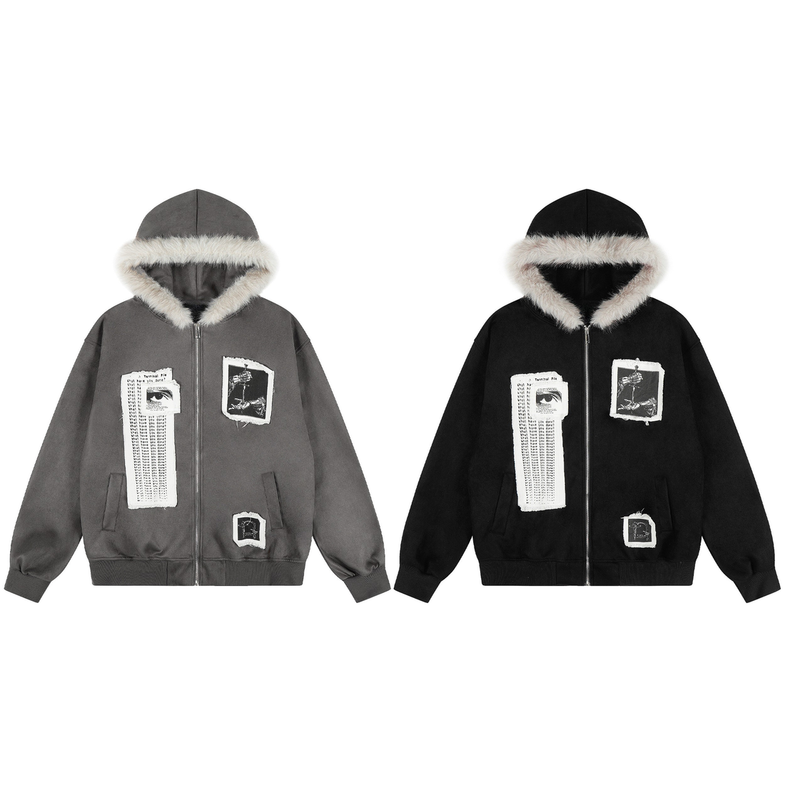 3-6-5.shop Graphic Faux-Fur Hooded Zip Jacket