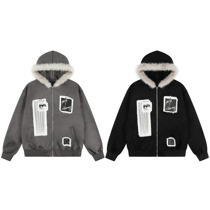 3-6-5.shop Graphic Faux-Fur Hooded Zip Jacket