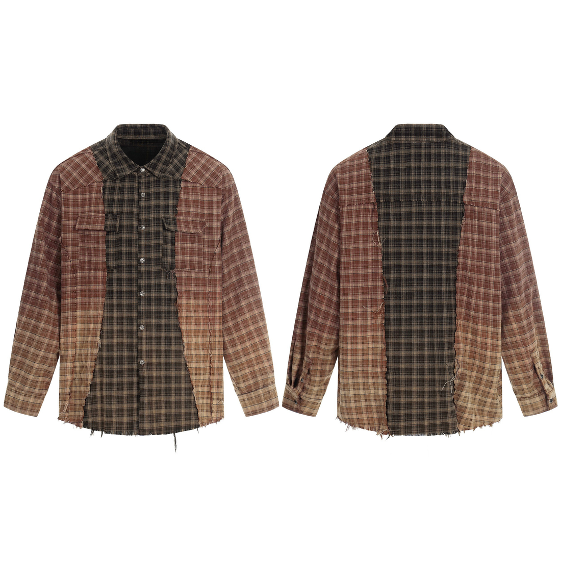 3-6-5.shop Patchwork Distressed Plaid Button-Up Shirt