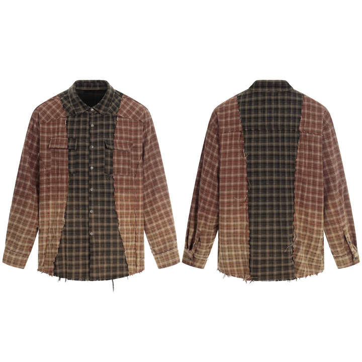 3-6-5.shop Patchwork Distressed Plaid Button-Up Shirt
