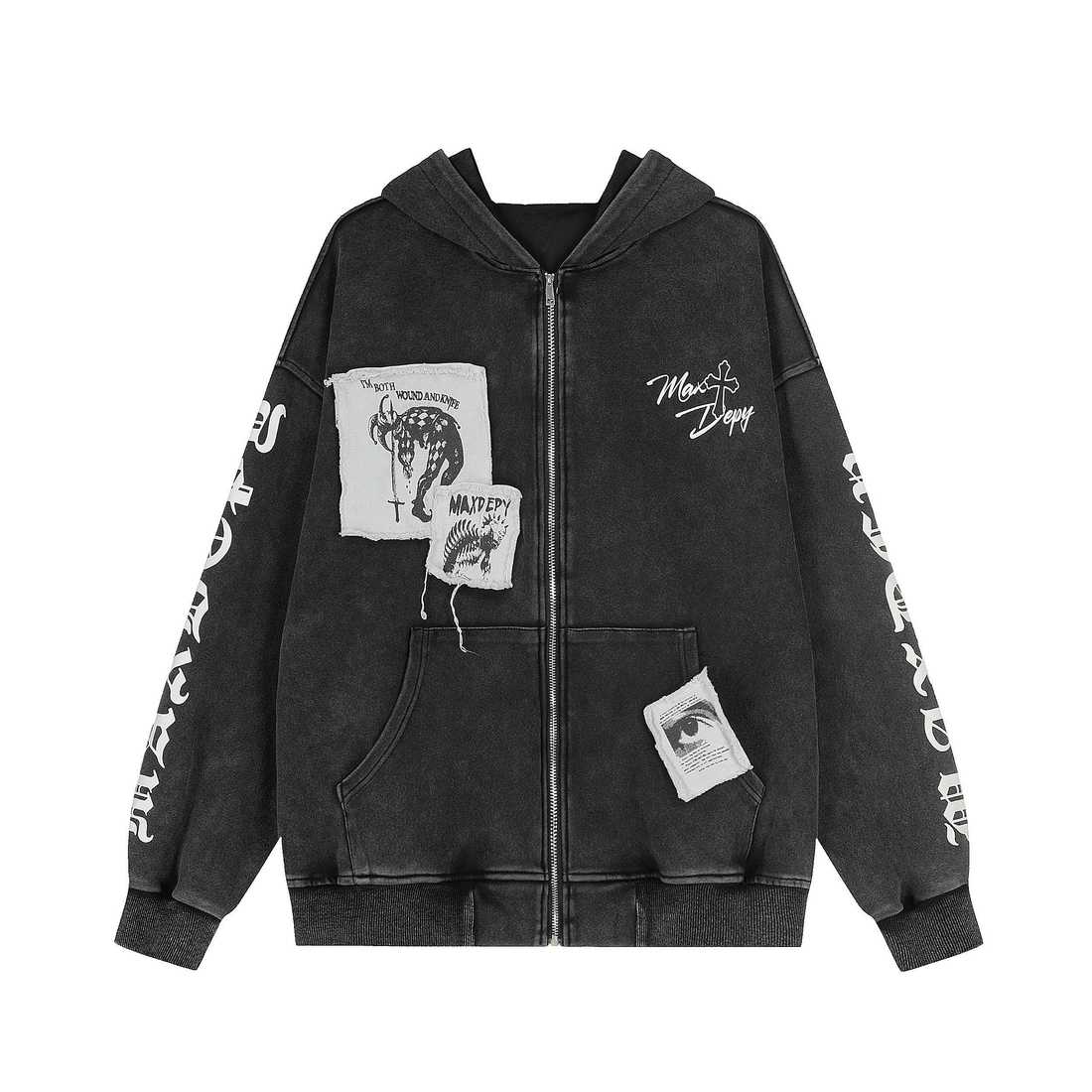 3-6-5.shop Distressed Graphic Zip Hoodie