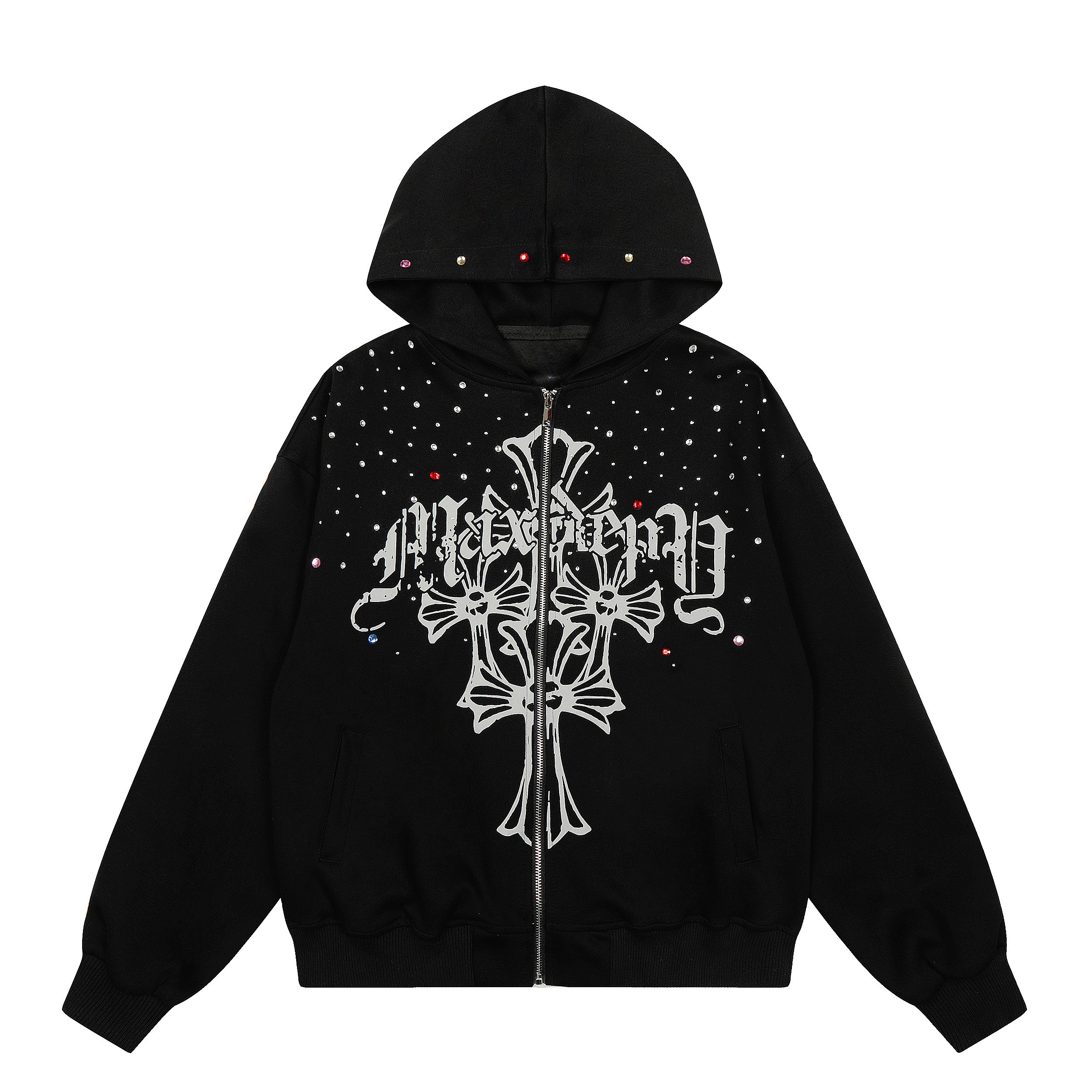 3-6-5.shop Rhinestone Cross Zip Hoodie
