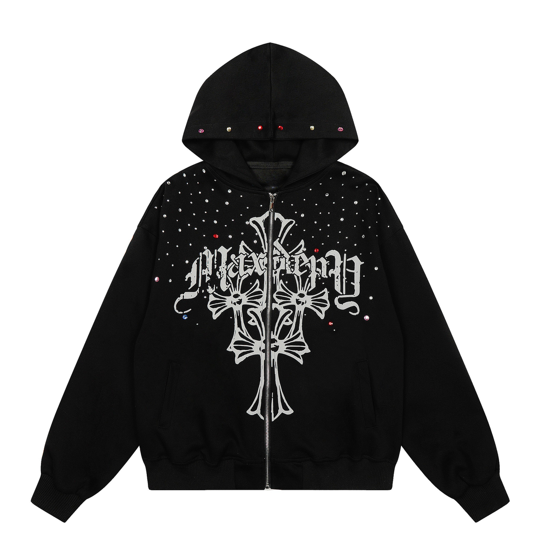 3-6-5.shop Rhinestone Cross Zip Hoodie