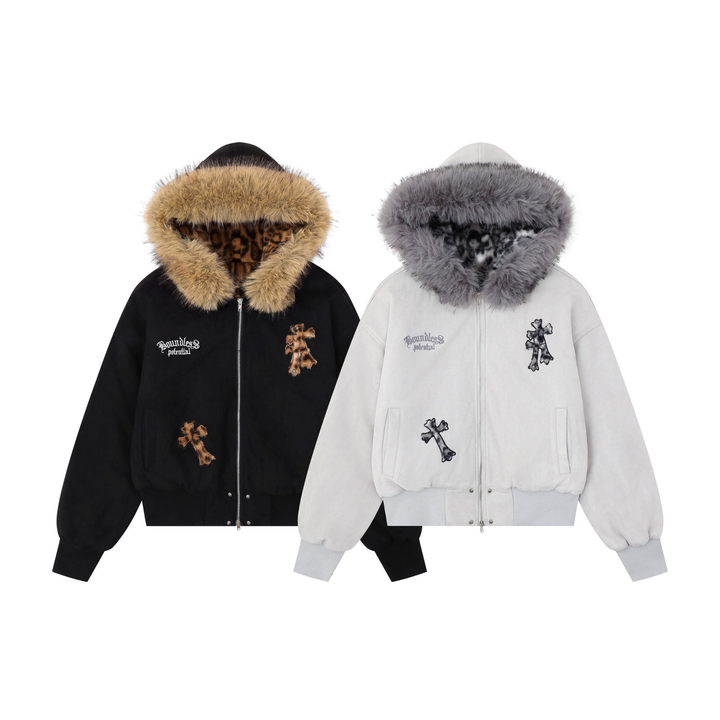 3-6-5.shop Cross Patch Fur Hoodie Jacket