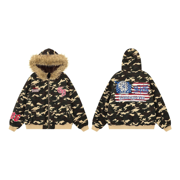 3-6-5.shop Camo Patch Fur Hoodie Jacket