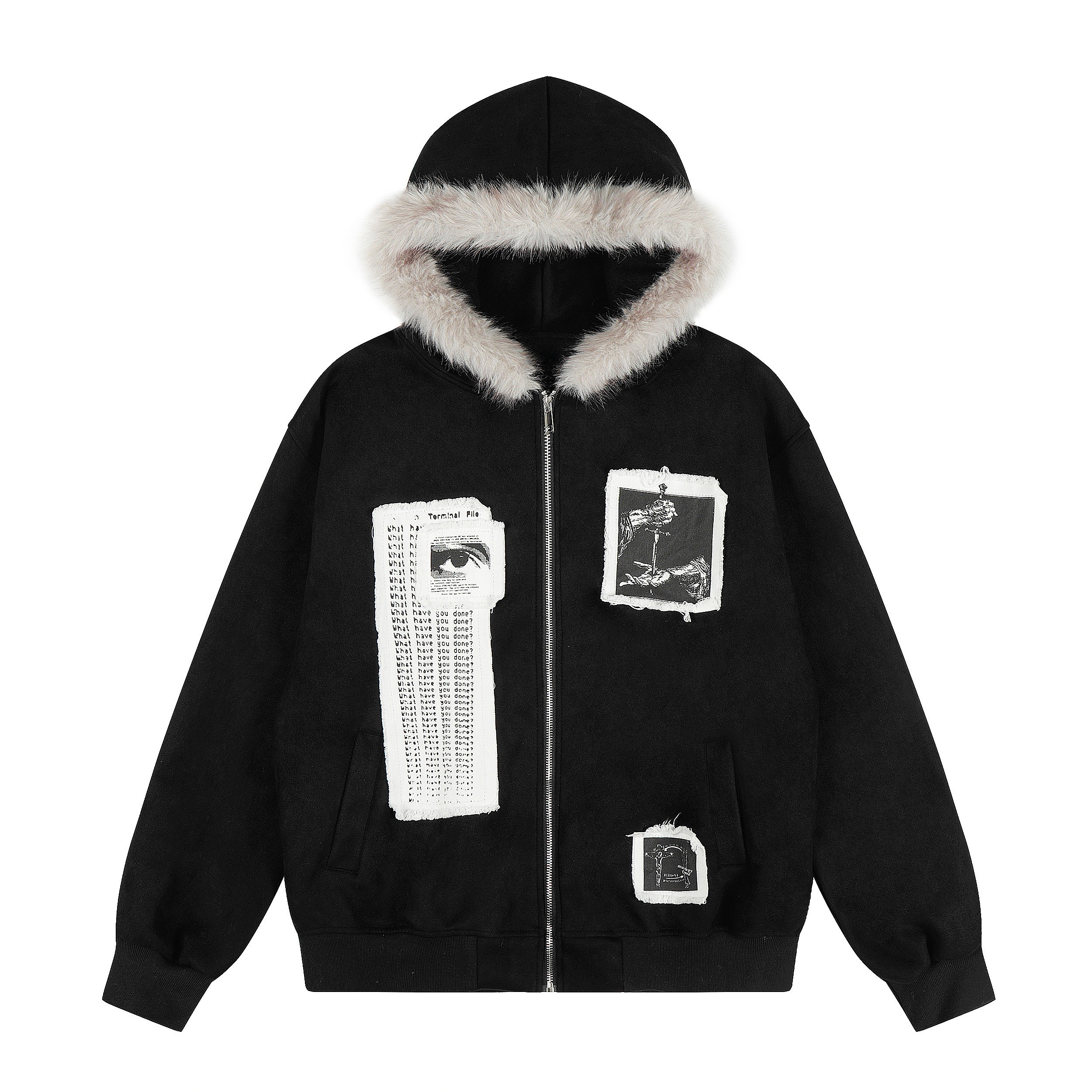 3-6-5.shop Graphic Faux-Fur Hooded Zip Jacket