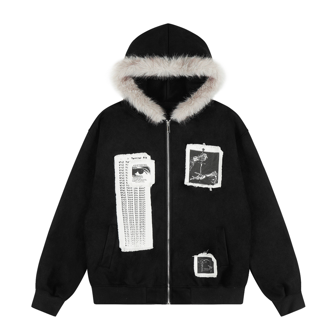 3-6-5.shop Graphic Faux-Fur Hooded Zip Jacket