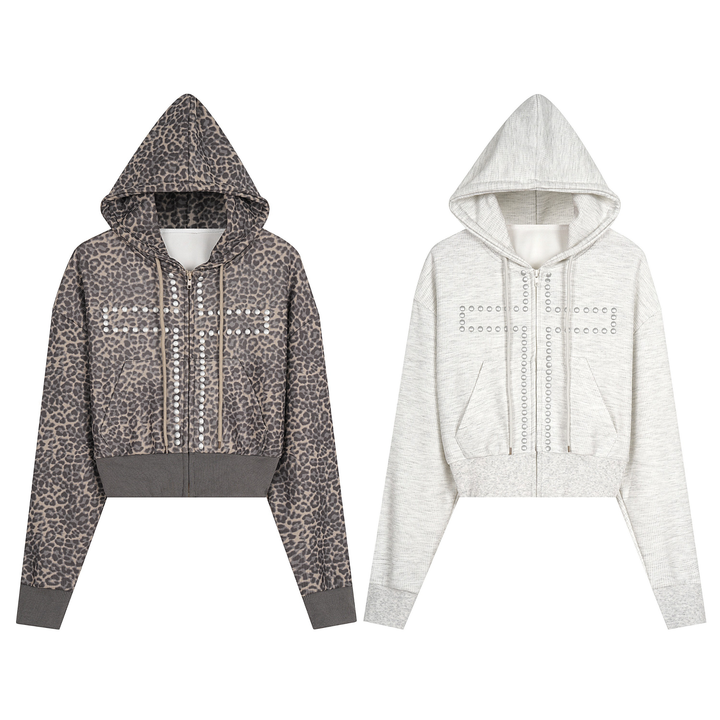 3-6-5.shop Studded Cross Cropped Zip Hoodie
