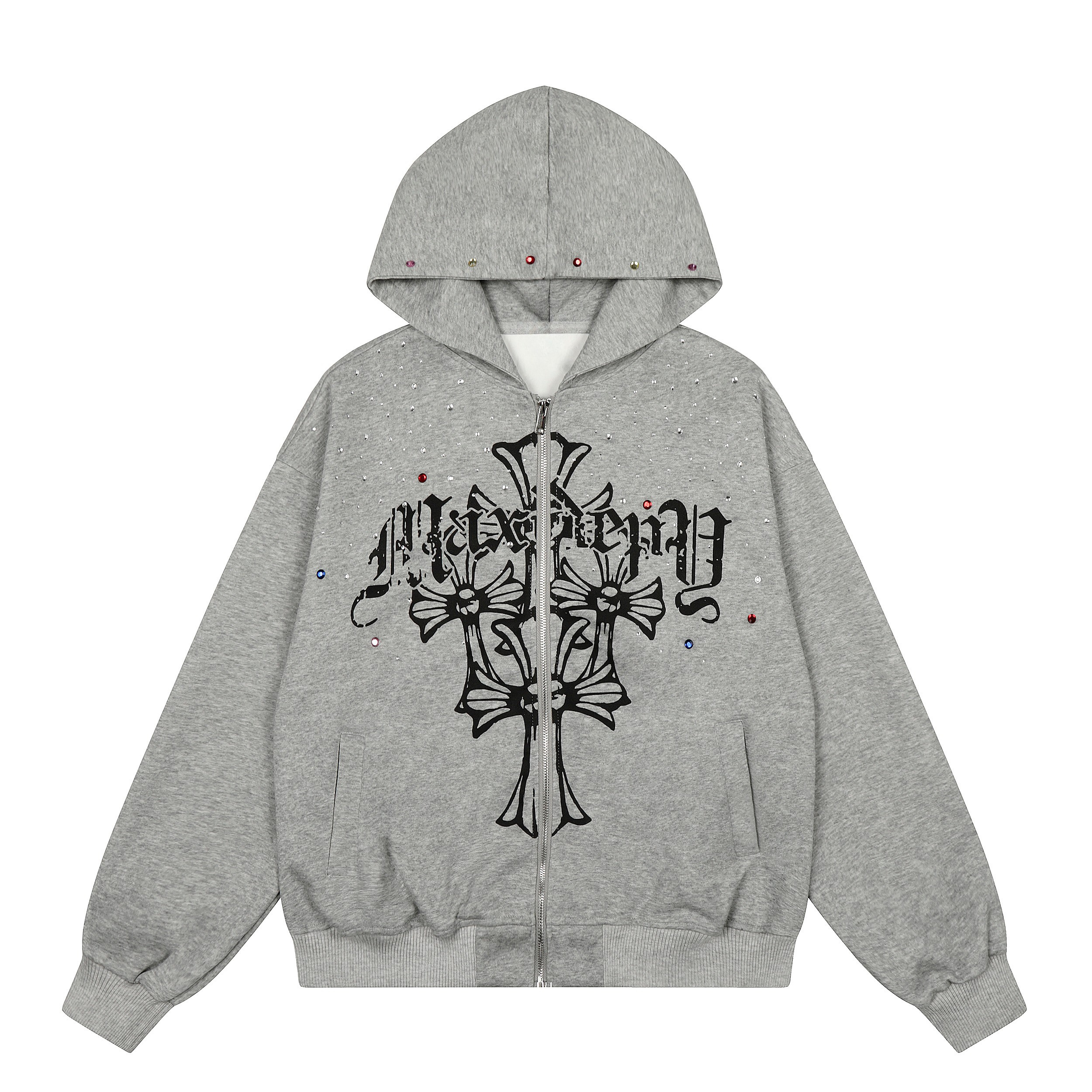 3-6-5.shop Rhinestone Cross Zip Hoodie