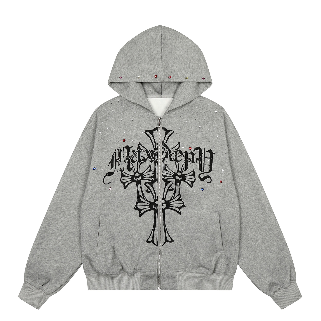 3-6-5.shop Rhinestone Cross Zip Hoodie
