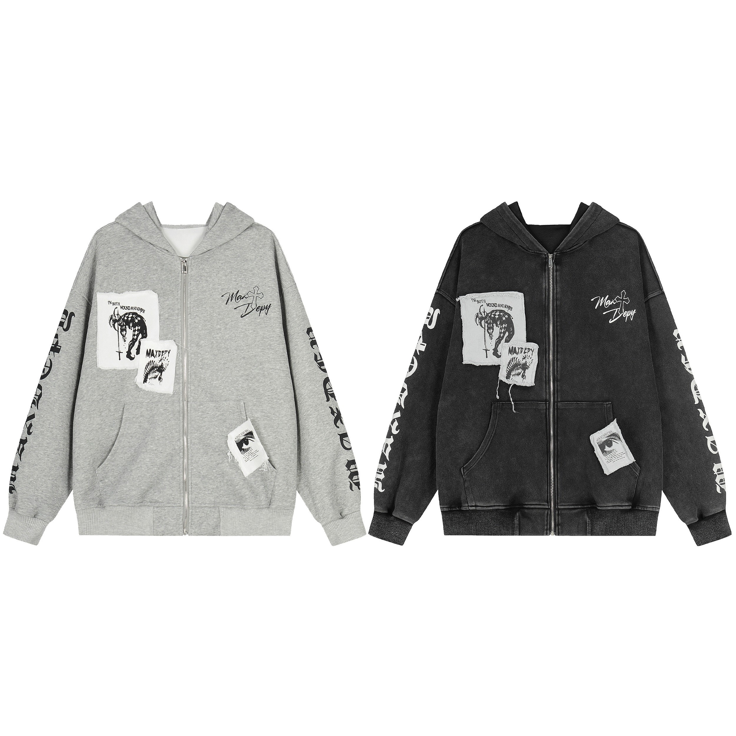 3-6-5.shop Distressed Graphic Zip Hoodie