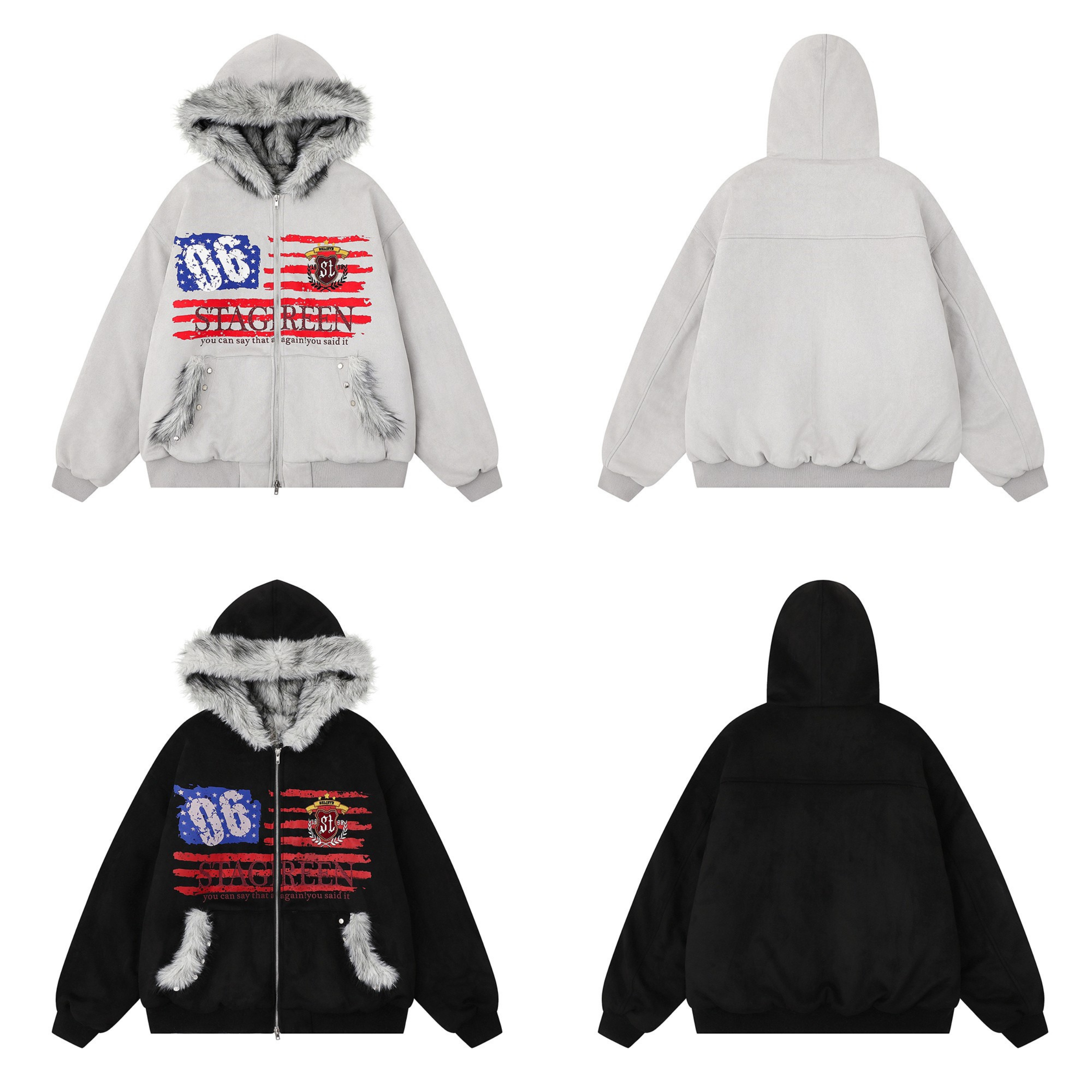 3-6-5.shop Flag Graphic Fur Hoodie Jacket