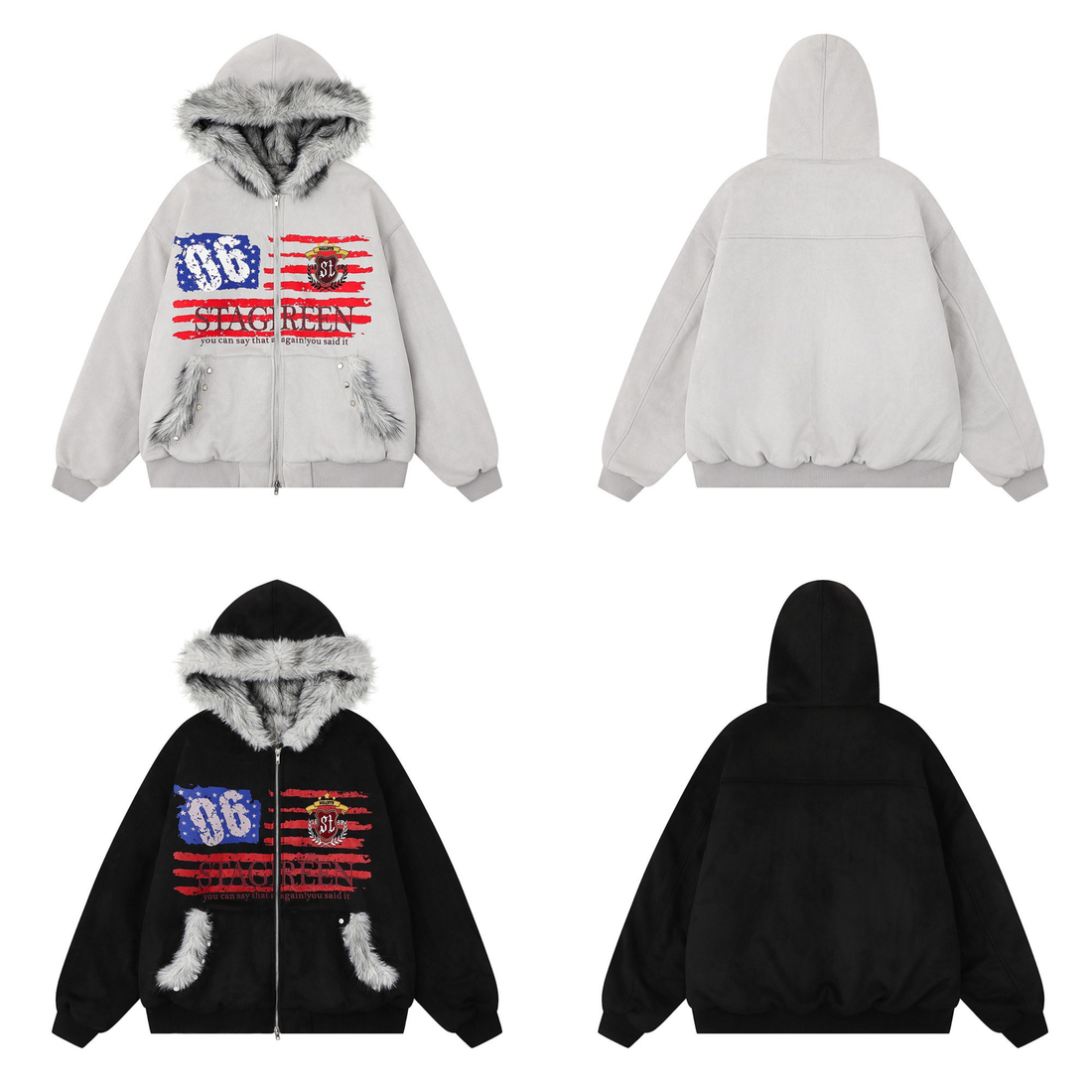 3-6-5.shop Flag Graphic Fur Hoodie Jacket